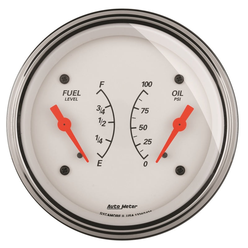 AutoMeter Gauge Dual Fuel & Oilp 3-3/8in. 240 Ohm(e) to 33 Ohm(f) & 100PSI Elec Arctic White