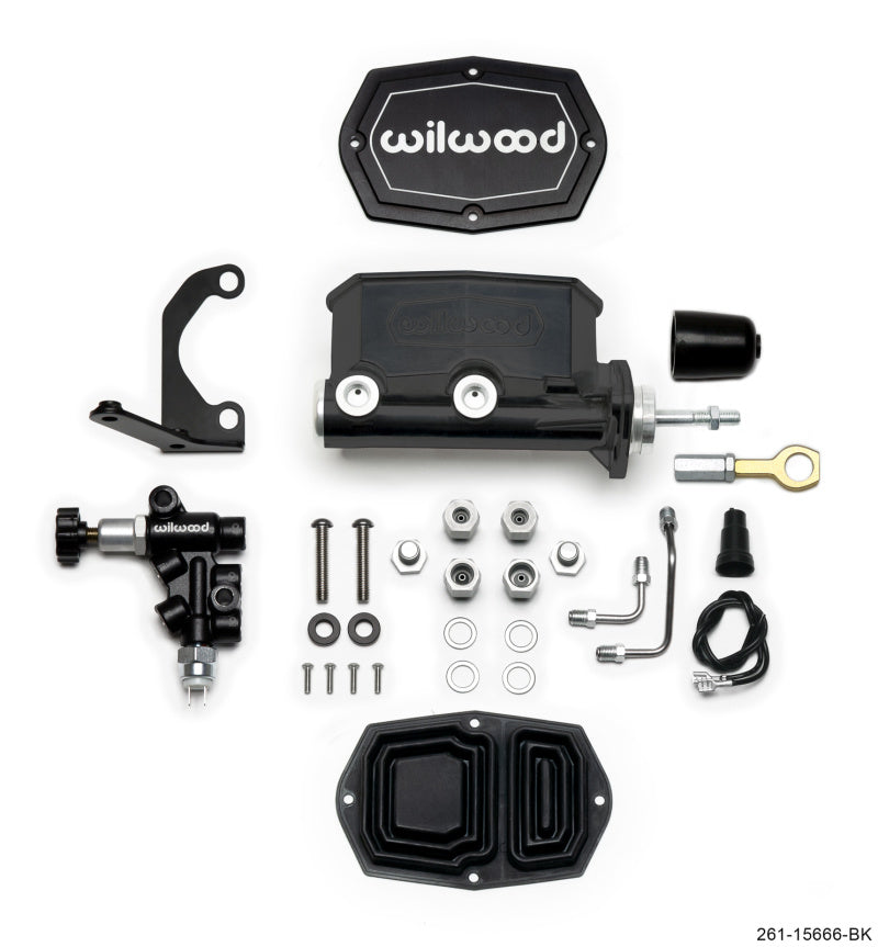 Wilwood Compact Tandem M/C - 1.12in Bore w/RH Bracket and Valve (Mustang Pushrod) - Black