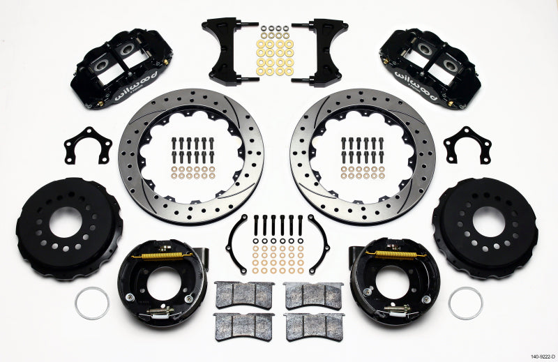 Wilwood Narrow Superlite 4R Rear P-Brk Kit 12.88in Drilled Mopar/Dana 2.36in Off w/Snap Ring Bearing