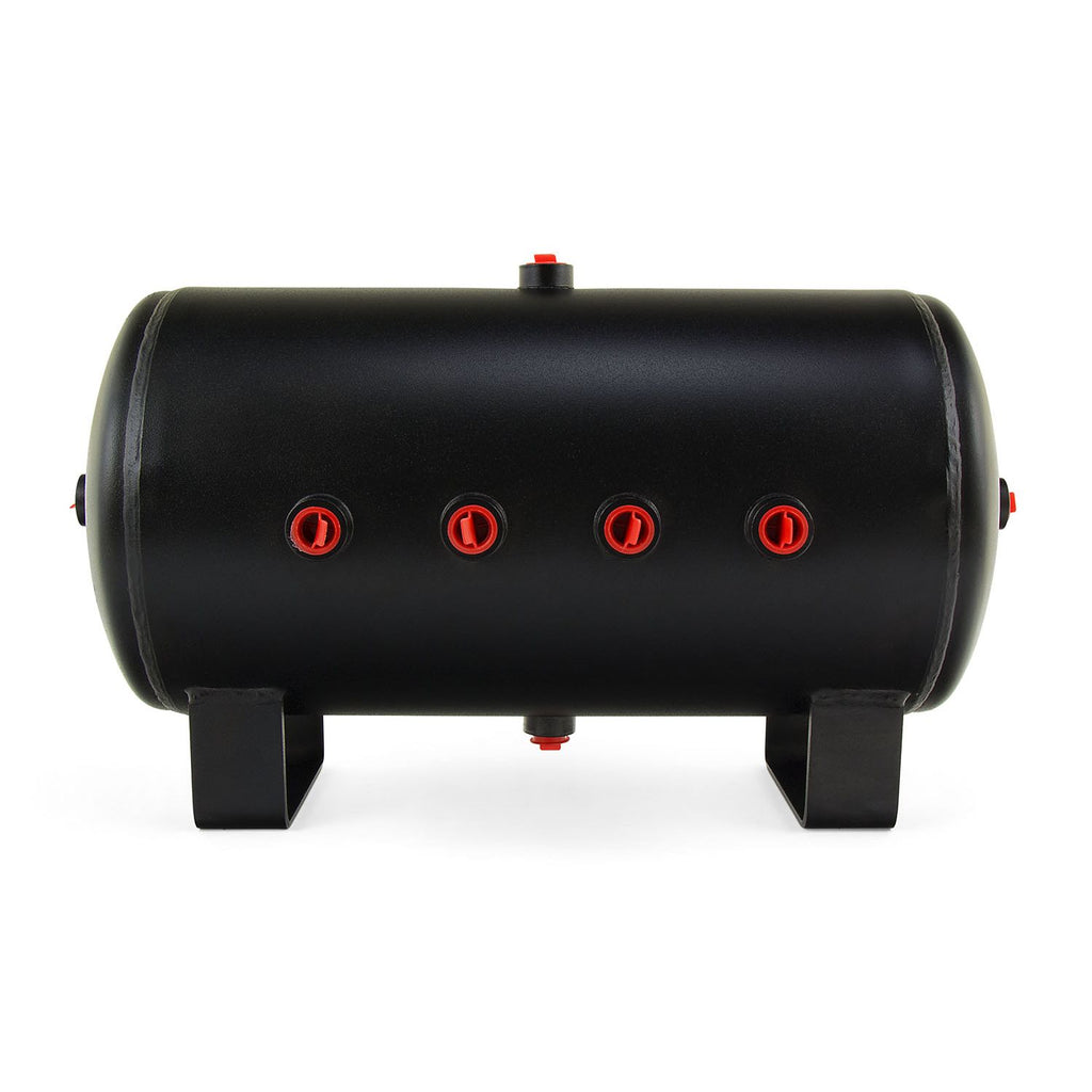 5 Gallon Air Tank; (8) 1/2 in.  ports; 12 1/2 in. H x 20 in.  L; Interior and exterior of this tank is powder coated black to resist rust; DOT Approved