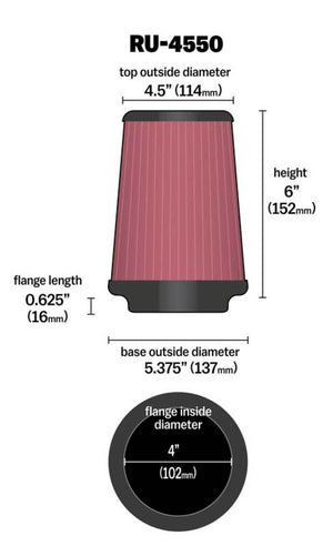 K&N Universal Air Filter 4in Flange / 5-3/8in Base / 4-1/2in Top / 6in Height